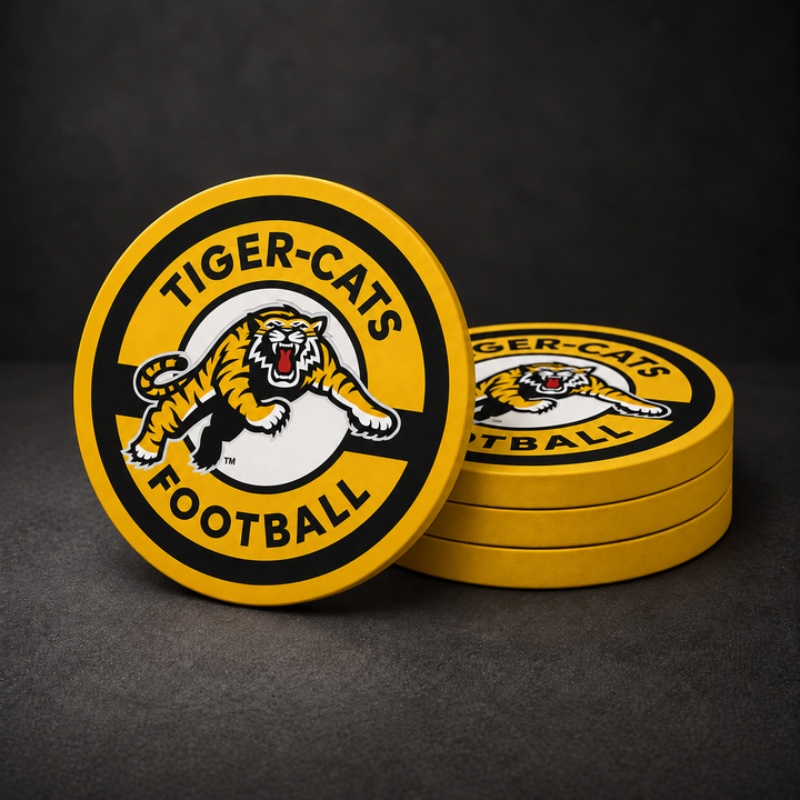 Hamilton Tiger-Cats Football drink coasters with supplied tiger logo, original black border and stripe, white centre circle and yellow sides, three stacked plus one standing