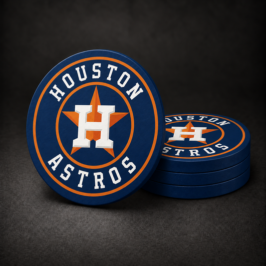 Houston Astros Drink Coasters with navy blue sides, three stacked and one standing on a dark charcoal background