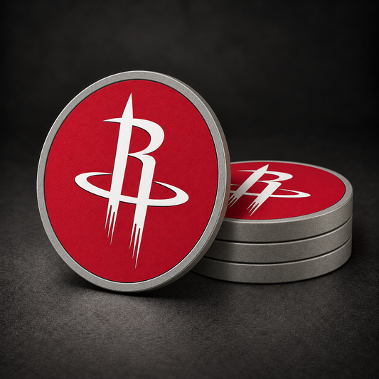 Houston Rockets Drink Coasters with grey sides, three stacked and one standing on a dark charcoal background