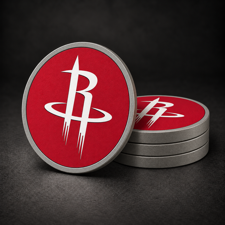 Houston Rockets Drink Coasters with grey sides, three stacked and one standing on a dark charcoal background