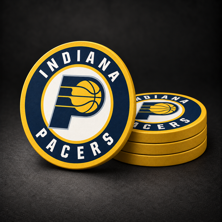 Indiana Pacers Drink Coasters with gold sides, three stacked and one standing on a dark charcoal background