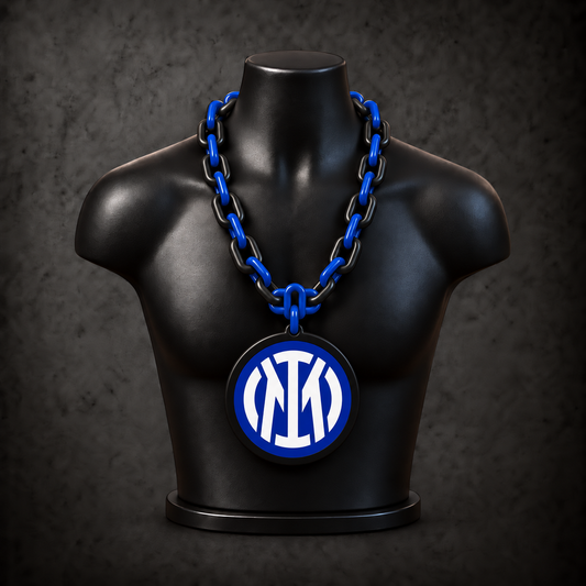 Inter Milan Classic Hype Chain with blue, black alternating plastic links on a black display bust