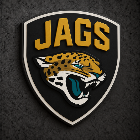Jacksonville Jaguars 3D Plaque with raised layered artwork on a dark charcoal wall