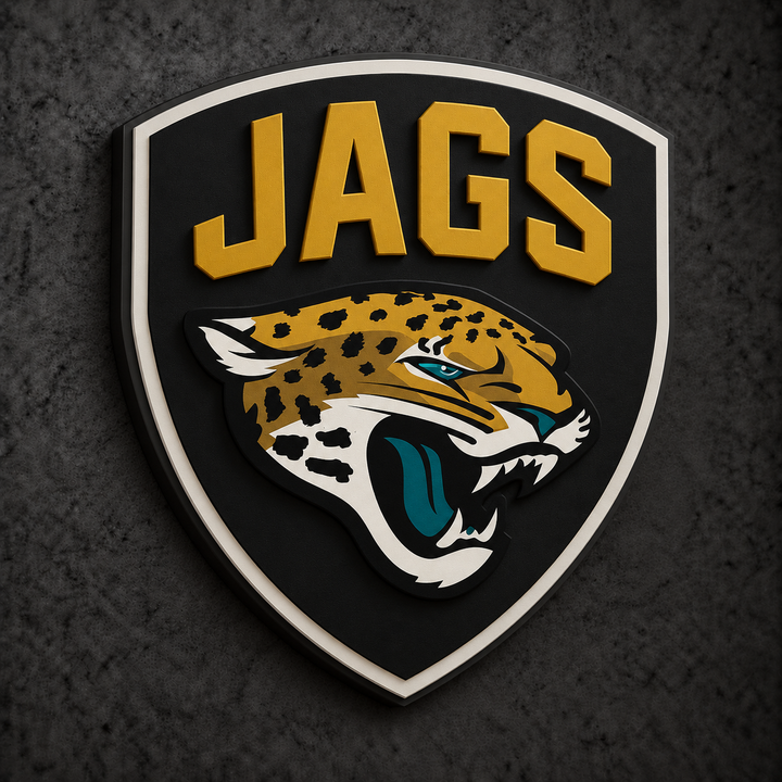 Jacksonville Jaguars 3D Plaque with raised layered artwork on a dark charcoal wall