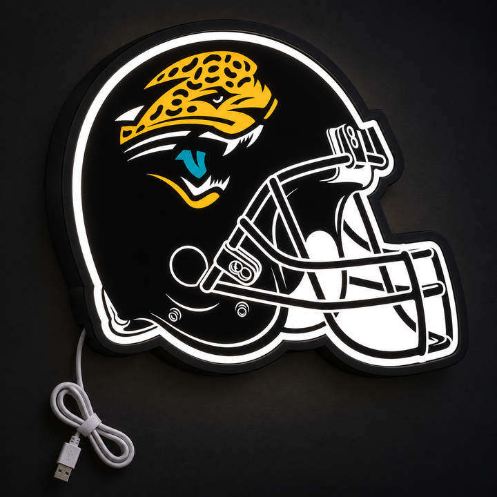 Jacksonville Jaguars Helmet LED Sign illuminated at night