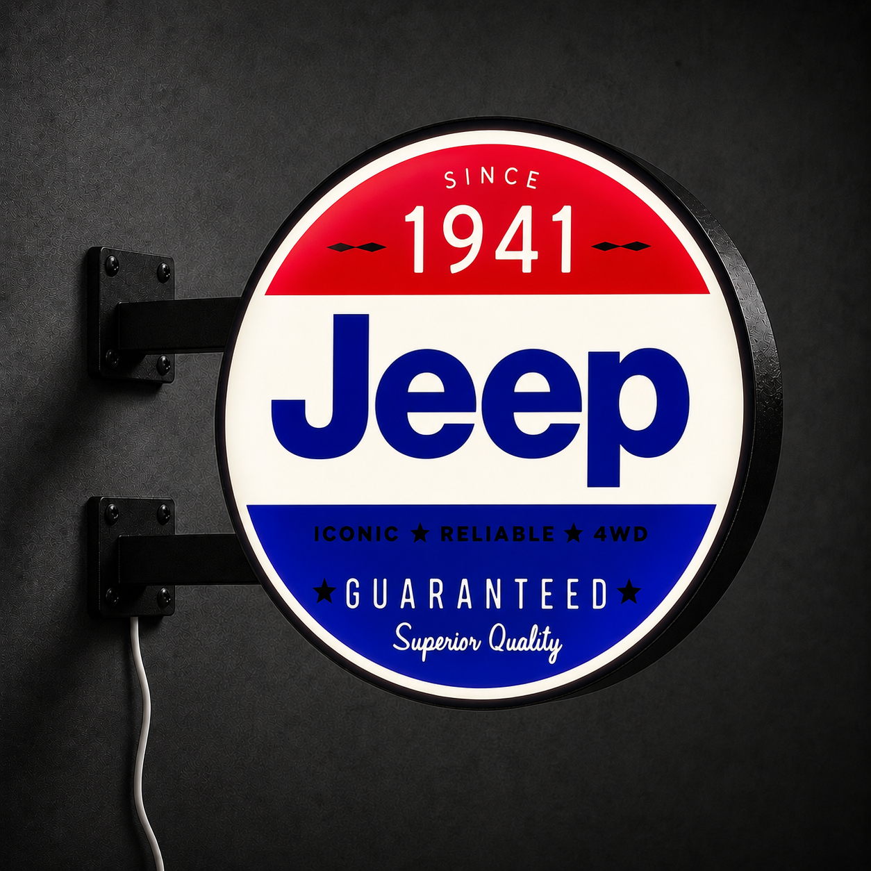 Vintage Jeep double-sided LED sign — left view