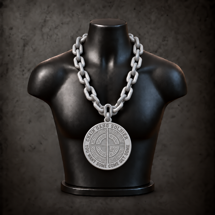 John Cena Chain Gang Classic Hype Chain in silver-coloured plastic with darker silver lettering and CG details on a black display bust