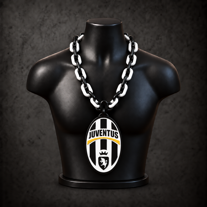 Juventus FC Classic Hype Chain with black, white alternating plastic links on a black display bust