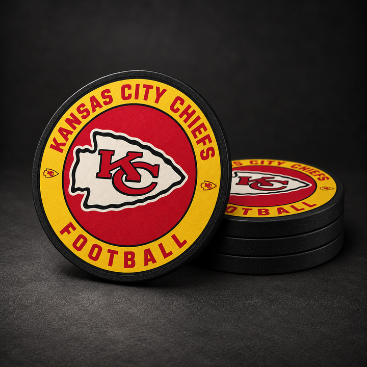 Kansas City Chiefs Drink Coasters with black sides, three stacked and one standing on a dark charcoal background