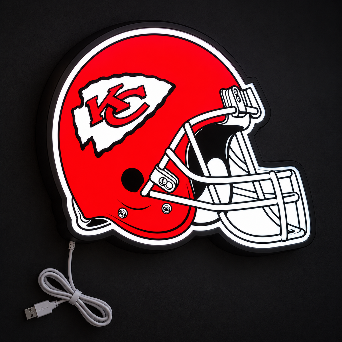 Kansas City Chiefs Helmet LED Sign illuminated at night