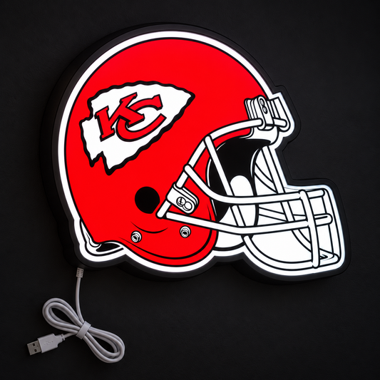 Kansas City Chiefs Helmet LED Sign illuminated at night