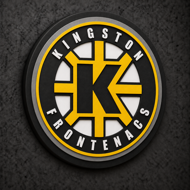 Kingston Frontenacs 3D Plaque with raised layered artwork on a dark charcoal wall