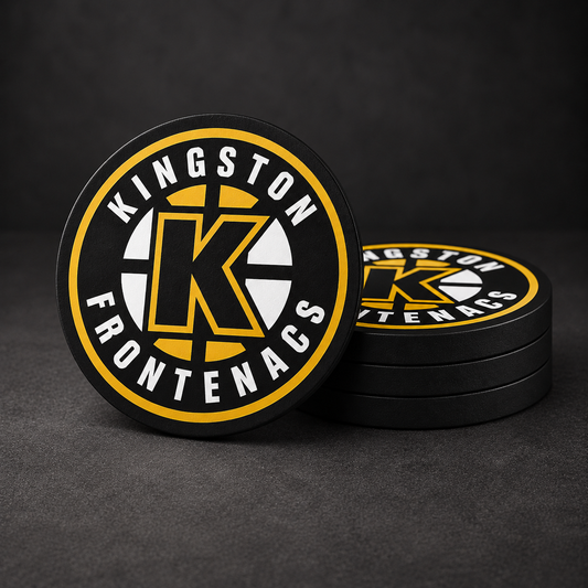 Kingston Frontenacs Drink Coasters with black sides, three stacked and one standing on a dark charcoal background