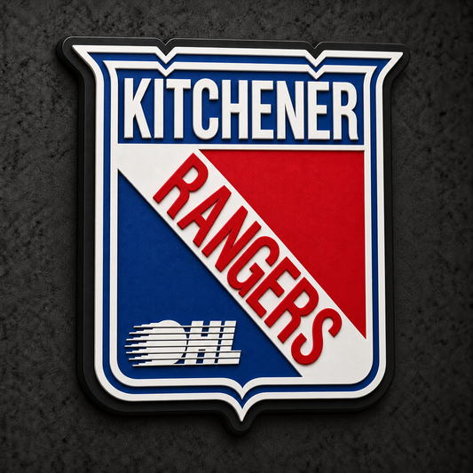 Kitchener Rangers 3D Plaque with raised layered artwork on a dark charcoal wall