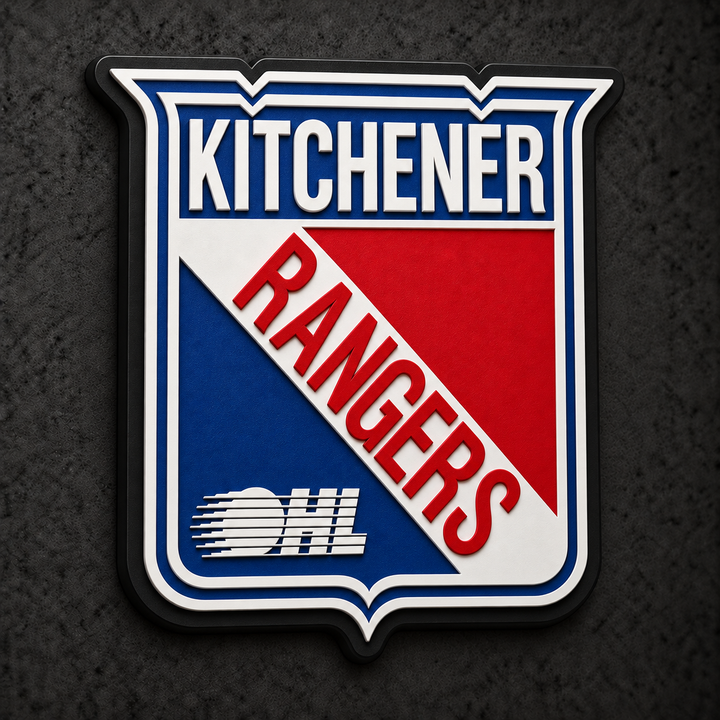 Kitchener Rangers 3D Plaque with raised layered artwork on a dark charcoal wall
