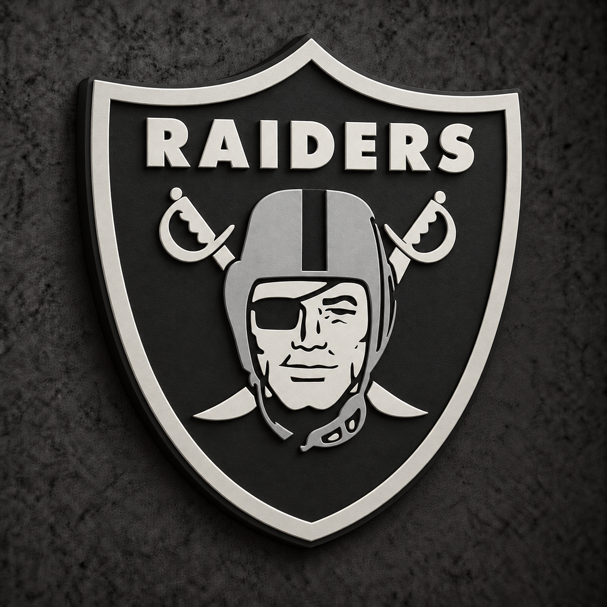 Las Vegas Raiders 3D Plaque with raised layered artwork on a dark charcoal wall