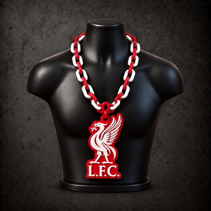 Liverpool Classic Hype Chain with red, white alternating plastic links on a black display bust