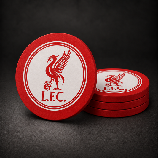 Liverpool Drink Coasters with red sides, three stacked and one standing on a dark charcoal background