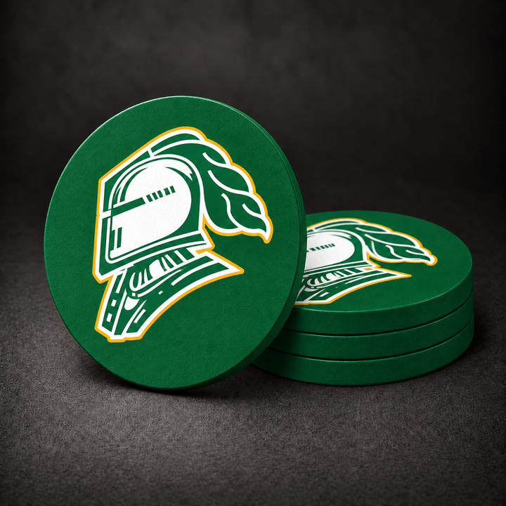 London Knights Drink Coasters with supplied team logo and green sides, three stacked and one standing on a dark charcoal background