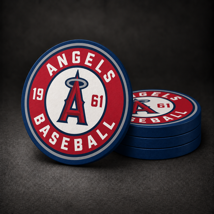 Los Angeles Angels Drink Coasters with navy blue sides, three stacked and one standing on a dark charcoal background