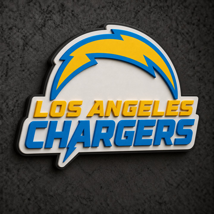 Los Angeles Chargers 3D Plaque with raised layered artwork on a dark charcoal wall