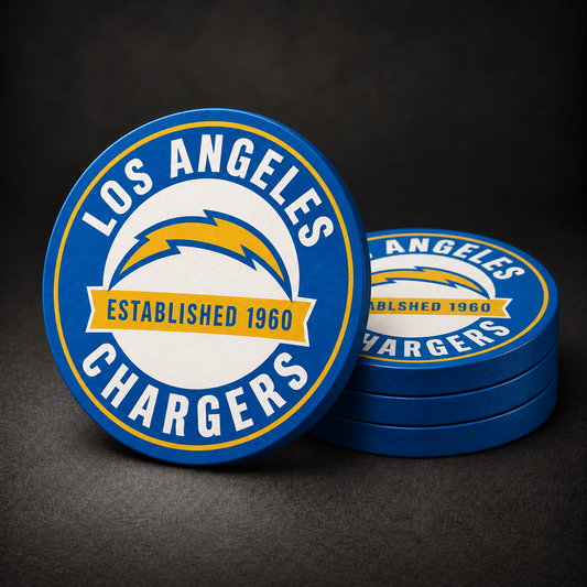 Los Angeles Chargers Drink Coasters with blue sides, three stacked and one standing on a dark charcoal background