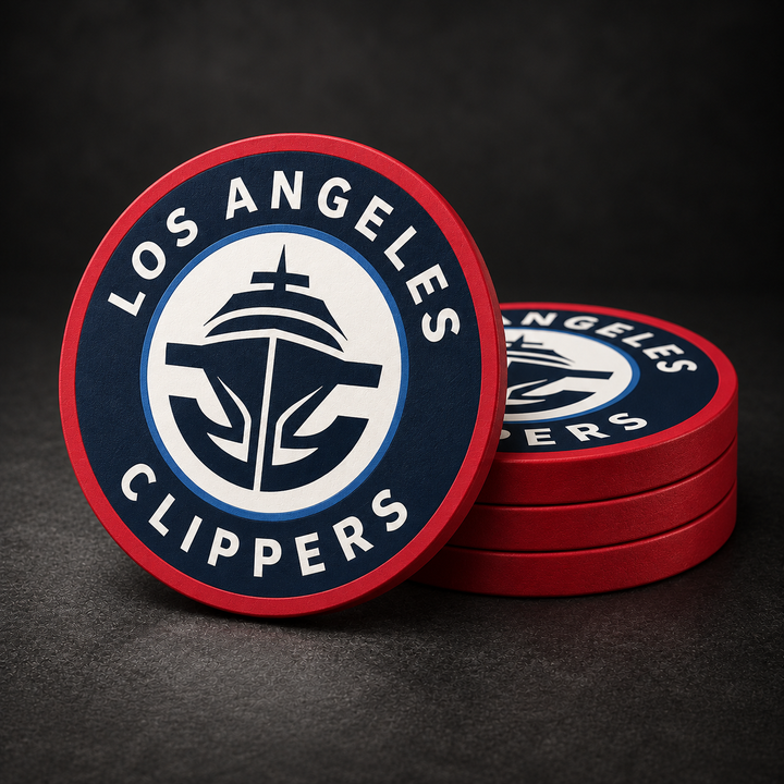 Los Angeles Clippers Drink Coasters with red sides, three stacked and one standing on a dark charcoal background