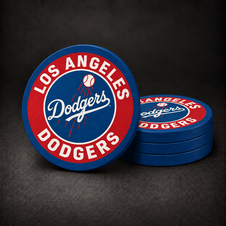 Los Angeles Dodgers drink coasters with corrected DODGERS lettering, blue sides and red ring, three stacked plus one standing on charcoal background
