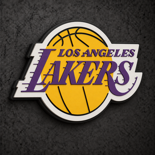 Los Angeles Lakers 3D Plaque with raised layered artwork on a dark charcoal wall
