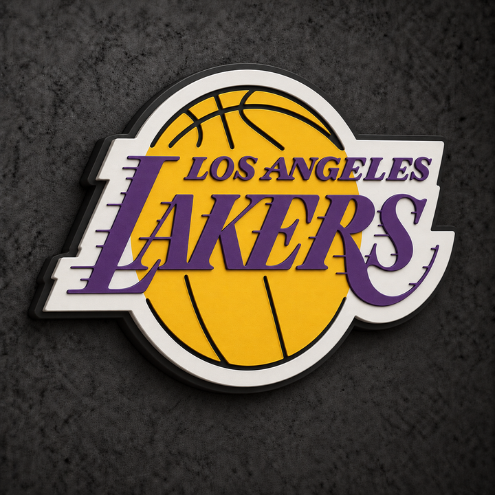 Los Angeles Lakers 3D Plaque with raised layered artwork on a dark charcoal wall