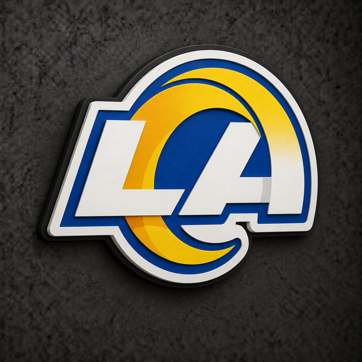 Los Angeles Rams 3D Plaque with raised layered artwork on a dark charcoal wall