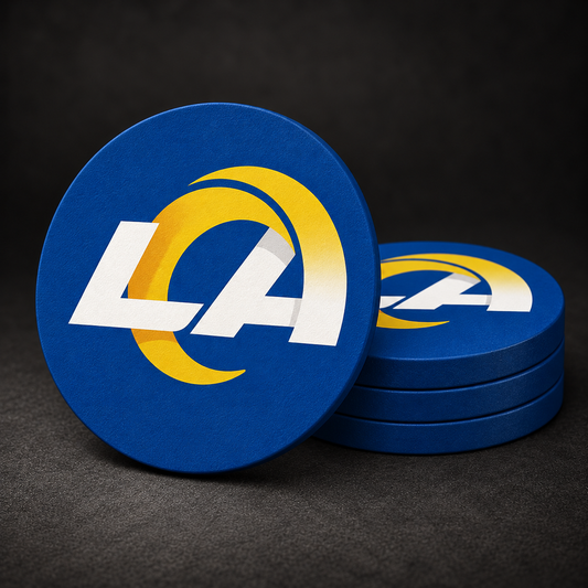 Los Angeles Rams Drink Coasters with blue sides, three stacked and one standing on a dark charcoal background