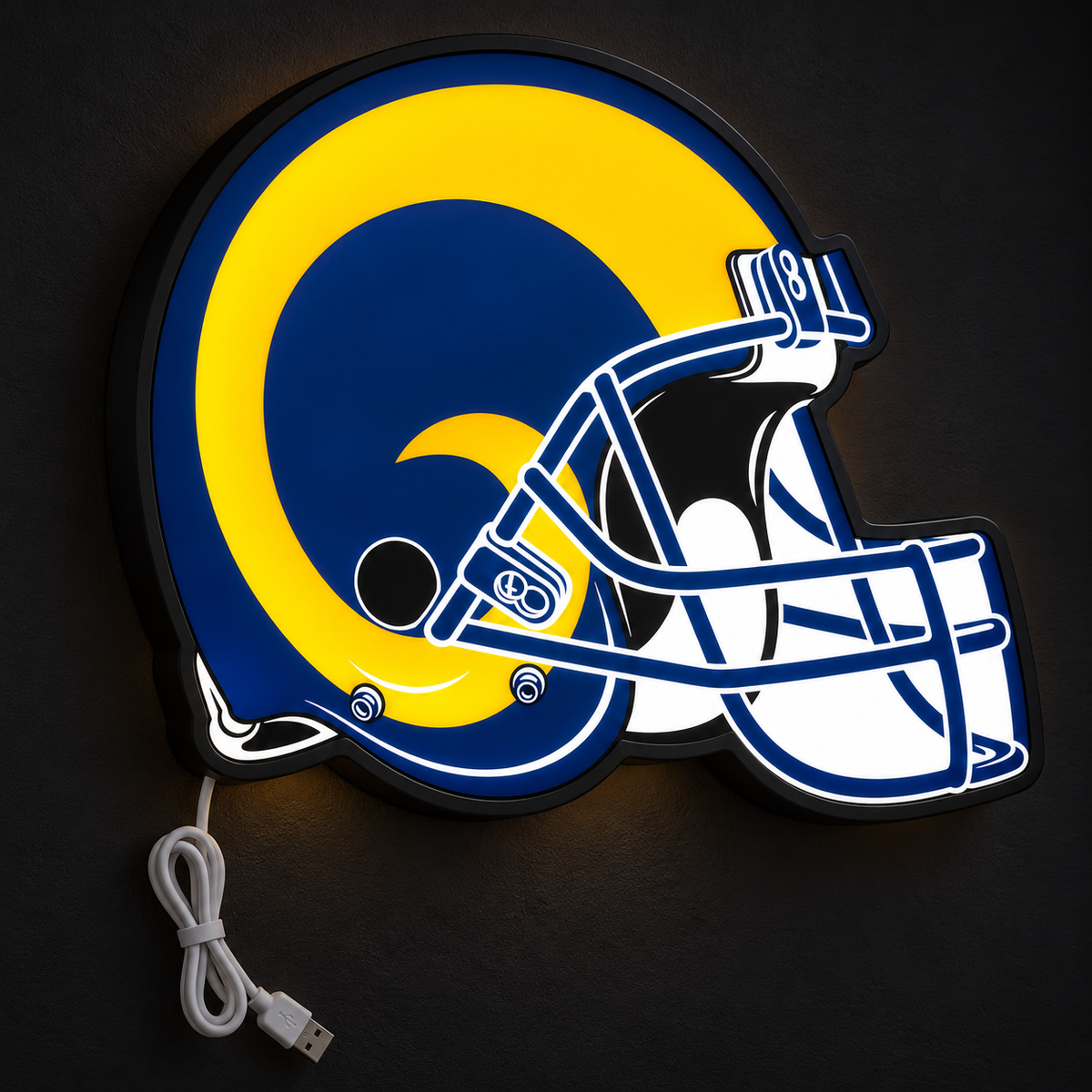 Los Angeles Rams Helmet LED Sign illuminated at night
