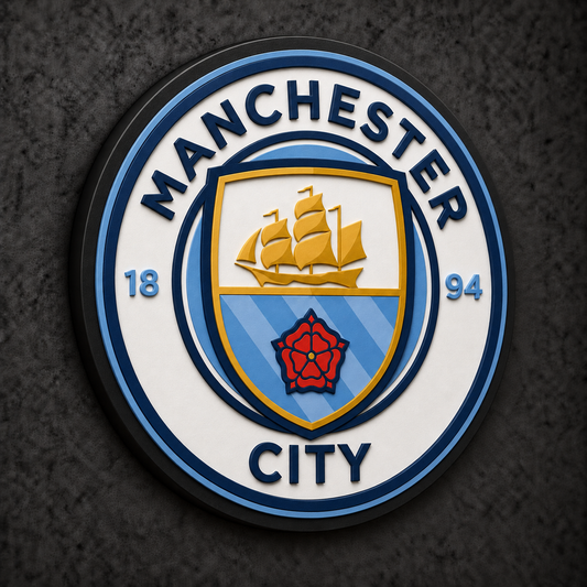 Manchester City 3D Plaque with raised layered artwork on a dark charcoal wall
