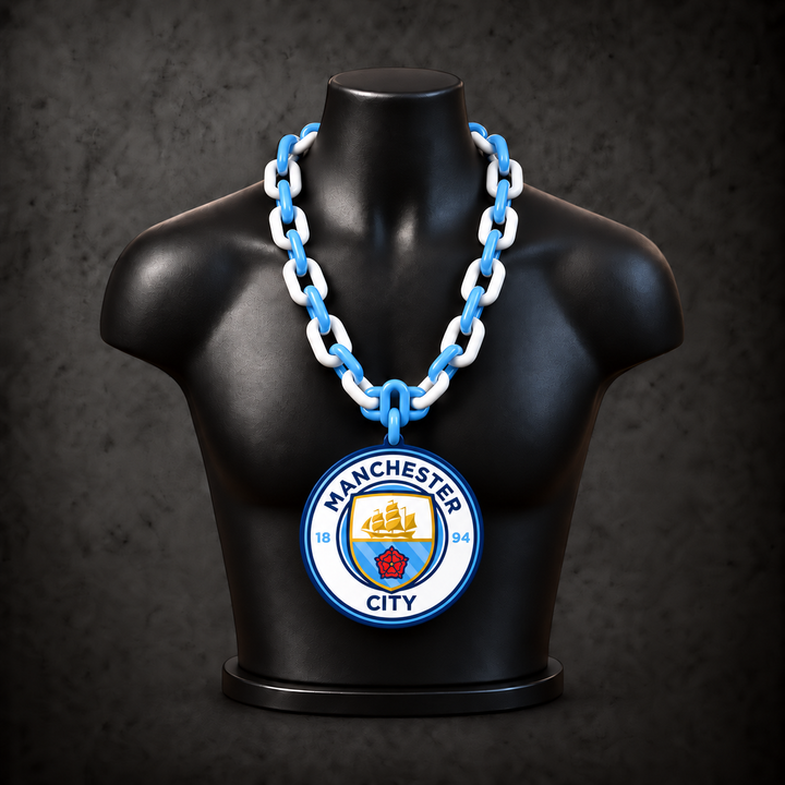 Manchester City Classic Hype Chain with sky blue, white alternating plastic links on a black display bust