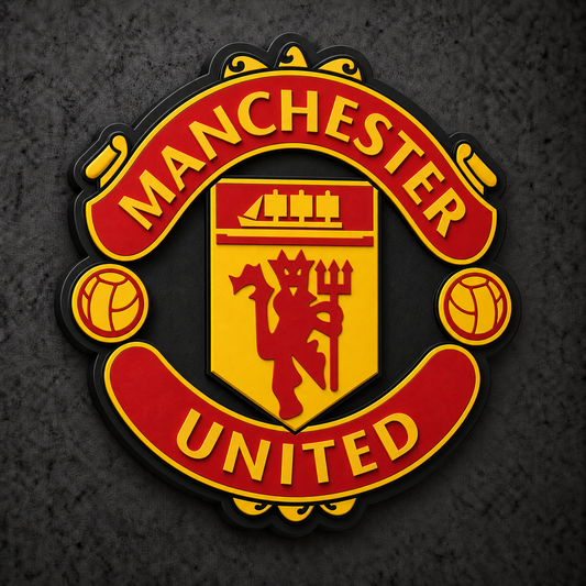 Manchester United 3D Plaque with raised red and yellow crest on a dark charcoal wall
