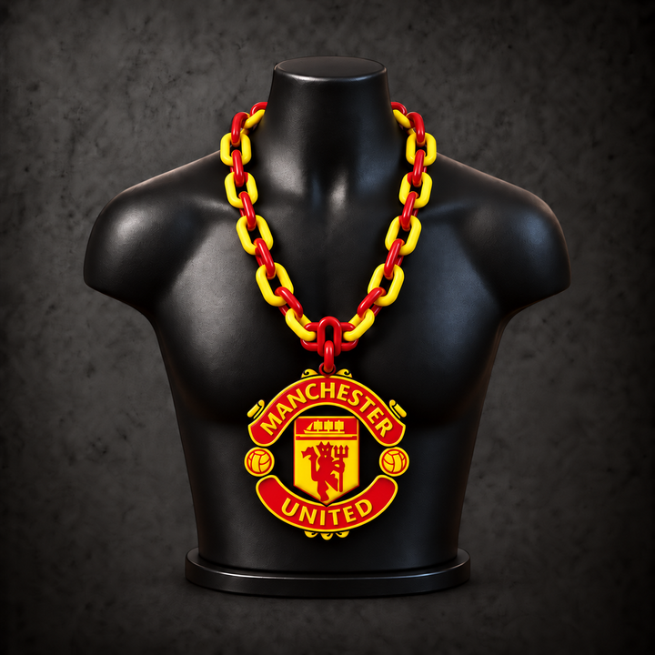 Manchester United Classic Hype Chain with red, yellow alternating plastic links on a black display bust