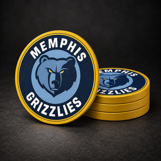 Memphis Grizzlies Drink Coasters with gold sides, three stacked and one standing on a dark charcoal background