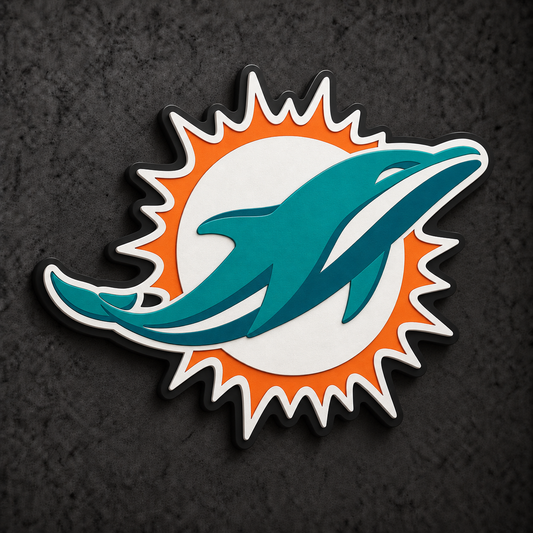 Miami Dolphins 3D Plaque with raised layered artwork on a dark charcoal wall