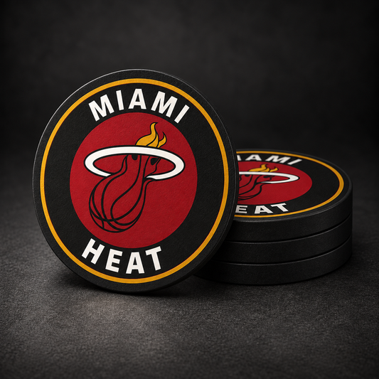 Miami Heat Drink Coasters with black sides, three stacked and one standing on a dark charcoal background