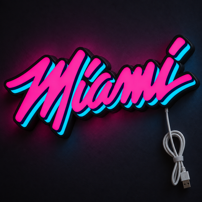 Miami Heat Vice City LED Sign illuminated in pink and cyan