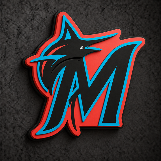 Miami Marlins 3D Plaque with raised layered artwork on a dark charcoal wall