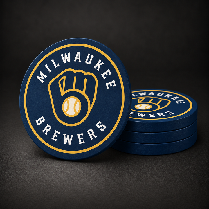 Milwaukee Brewers Drink Coasters with navy blue sides, three stacked and one standing on a dark charcoal background