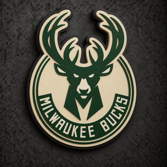 Milwaukee Bucks 3D Plaque with raised layered artwork on a dark charcoal wall