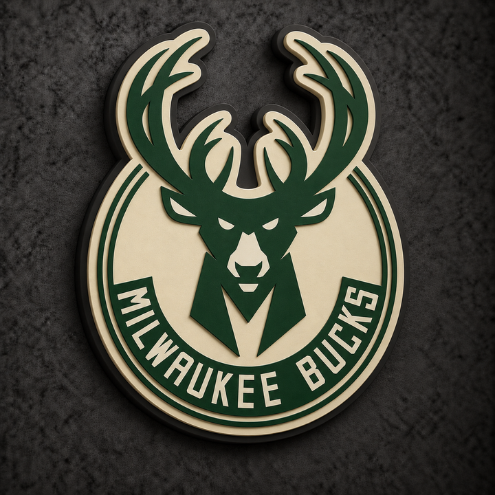 Milwaukee Bucks 3D Plaque with raised layered artwork on a dark charcoal wall