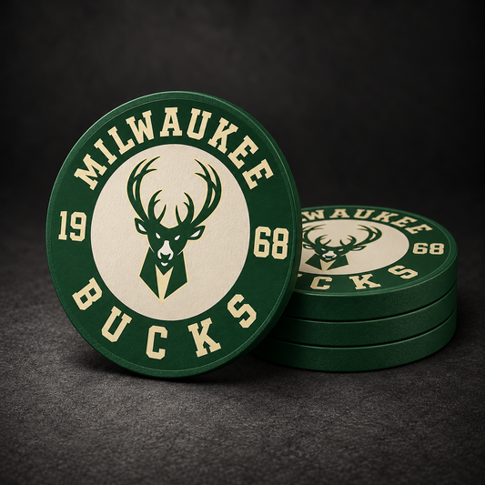 Milwaukee Bucks Drink Coasters with green sides, three stacked and one standing on a dark charcoal background