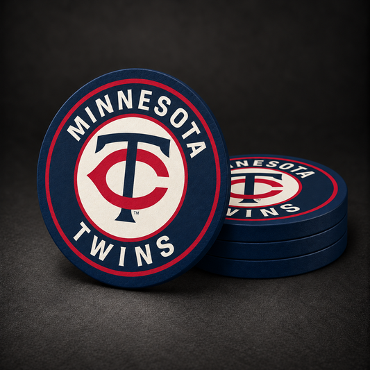 Minnesota Twins Drink Coasters with navy blue sides, three stacked and one standing on a dark charcoal background