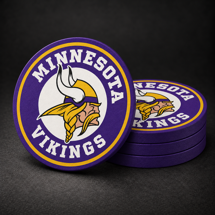 Minnesota Vikings Drink Coasters with purple sides, three stacked and one standing on a dark charcoal background