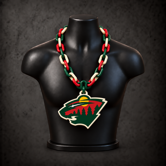 Minnesota Wild Classic Hype Chain with alternating green / red / cream links on a black display bust