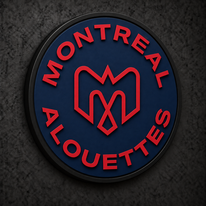 Montreal Alouettes 3D Plaque with raised layered artwork on a dark charcoal wall